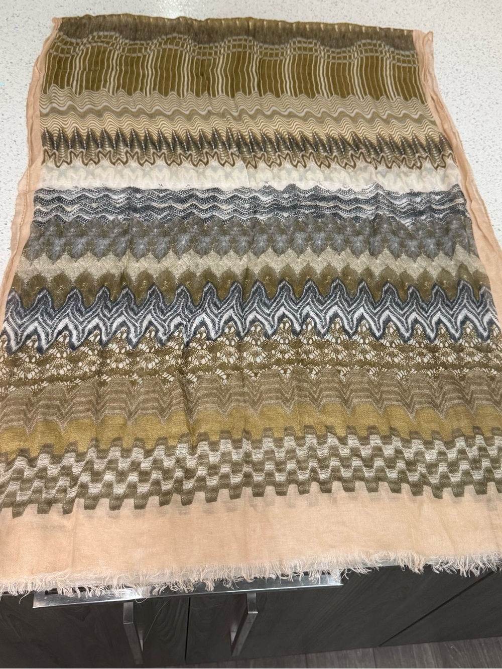 Vintage and rare Missoni Peach & Olive Lightweight Patterned Scarf Shawl